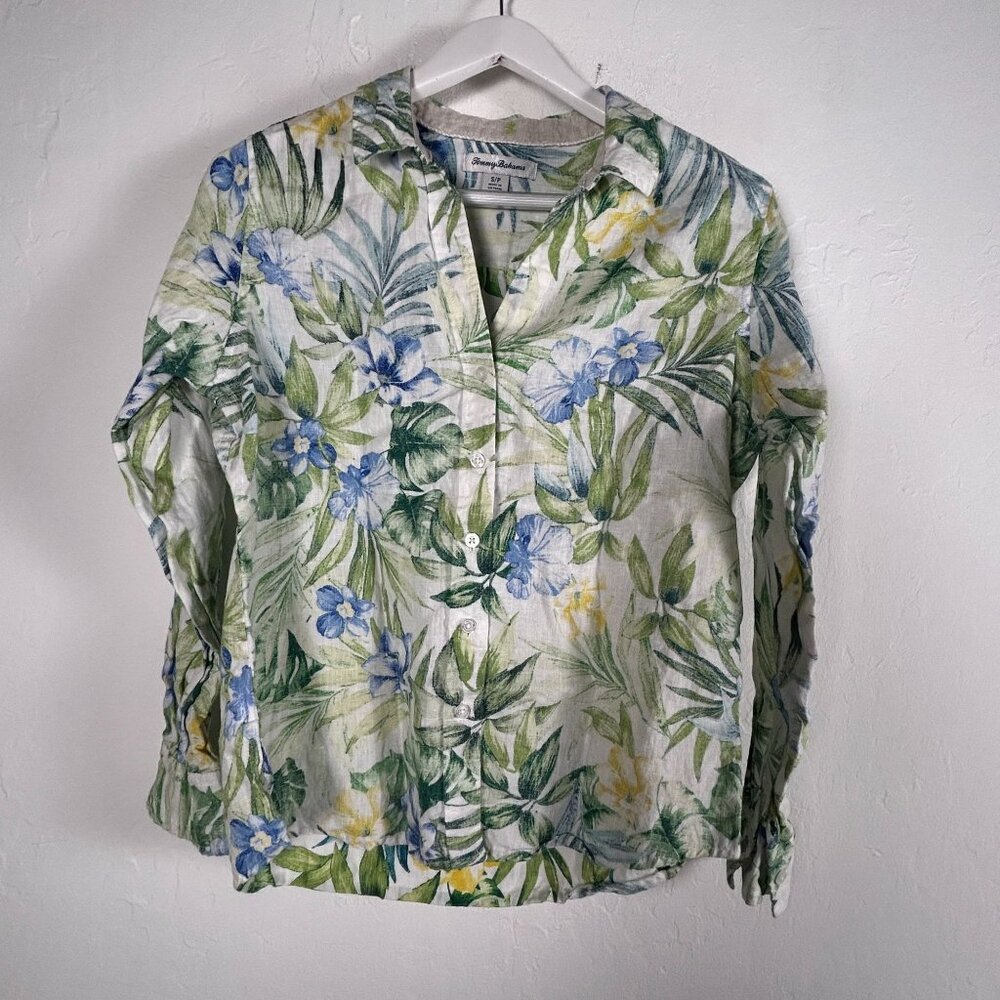 Tommy Bahama Womens Tropical Floral Linen Button-Up Shirt Top Small Long Sleeve